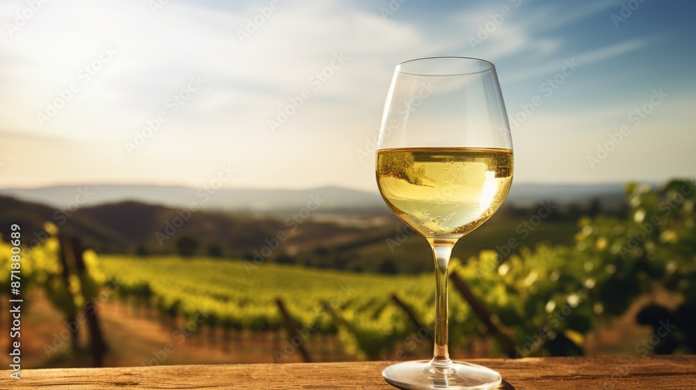 Wine glass with vineyard landscape in sunny day. Wine glass with vineyard landscape in sunny day.