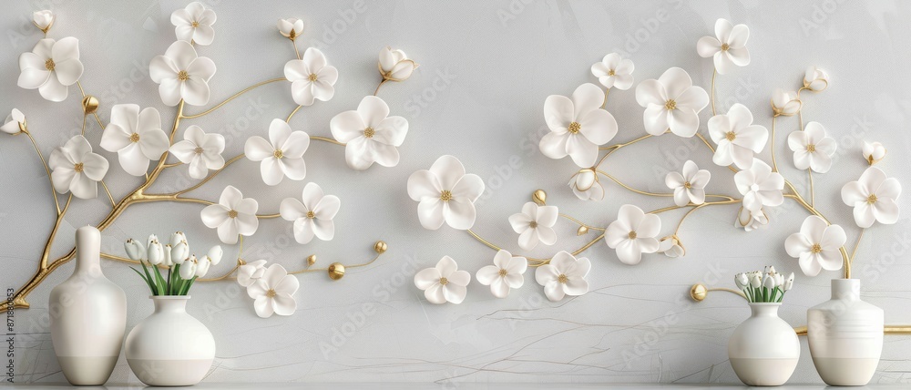 Elegant White Floral Wall Art with Ceramic Vases and Tulips on a Marble Background Elegant White Floral Wall Art with Ceramic Vases and Tulips on a Marble Background