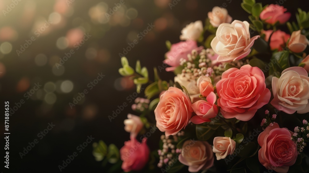 Elegant Bouquet of Pink and Peach Roses with Soft Bokeh Background in Warm Lighting Elegant Bouquet of Pink and Peach Roses with Soft Bokeh Background in Warm Lighting