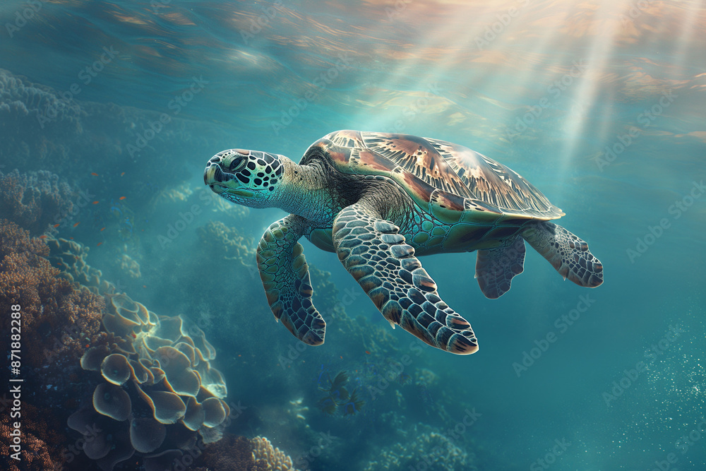 Fototapeta premium With elegance, a sea turtle navigates the profound depths of the ocean, moving gracefully through the underwater expanse