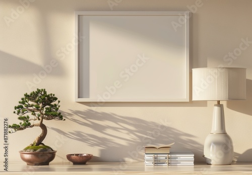 Template of an empty white frame on a shelf. Lamp and bonsai tree on a stack of books. 3D rendering.