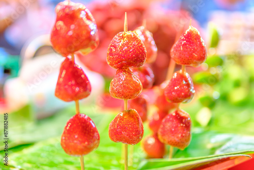 Beautifully arranged sugar-coated strawberry. Tang Hu Lu