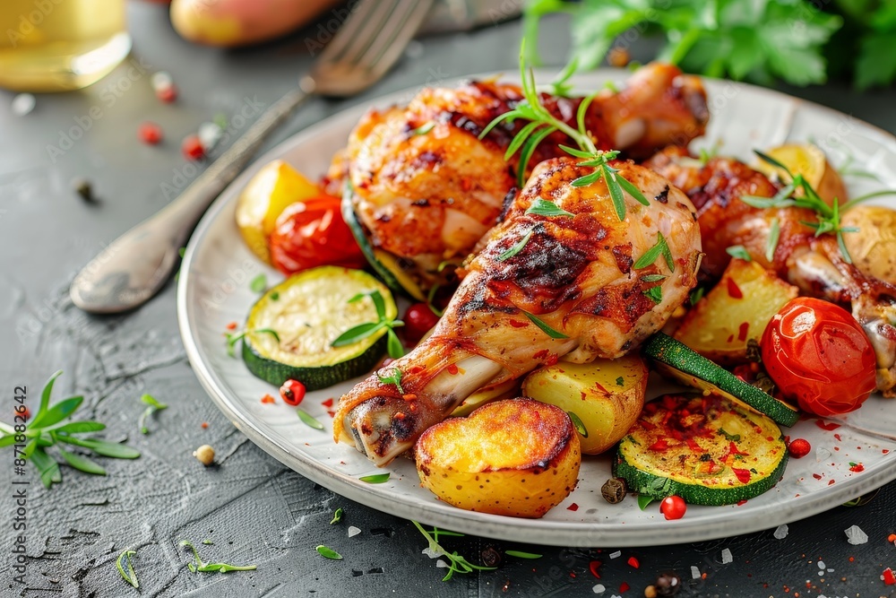 Delicious baked chicken legs with spicy fried potatoes and zucchini Delicious baked chicken legs with spicy fried potatoes and zucchini