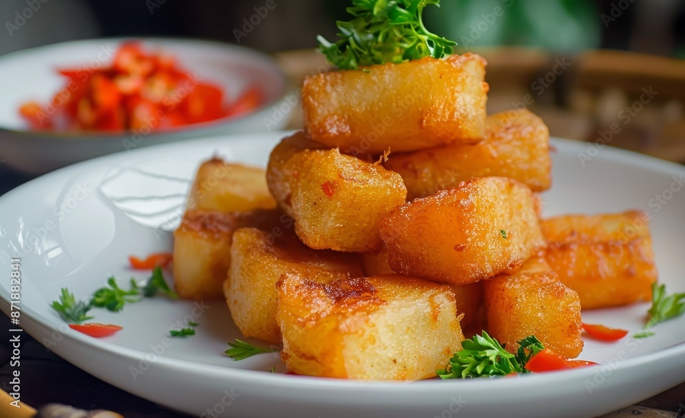Delicious Indonesian fried cassava also known as Ubi Goreng on white plate Delicious Indonesian fried cassava also known as Ubi Goreng on white plate