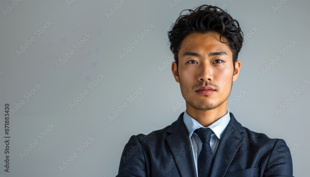Stern and Authoritative: Confident Asian Businessman Portraying Leadership in Serious Expression Against White Backdrop Stern and Authoritative: Confident Asian Businessman Portraying Leadership in Serious Expression Against White Backdrop