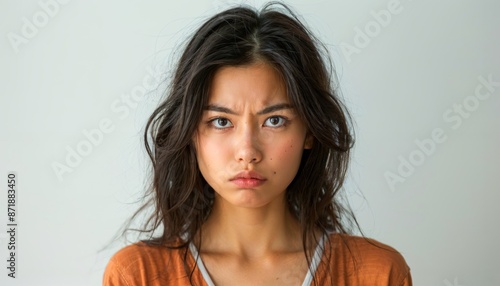 Portrait of Frustrated Young Asian Woman Expressing Displeasure on White Background photo