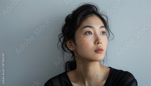 Wallpaper Mural Contemplative Asian Woman Lost in Thought on White Background Torontodigital.ca