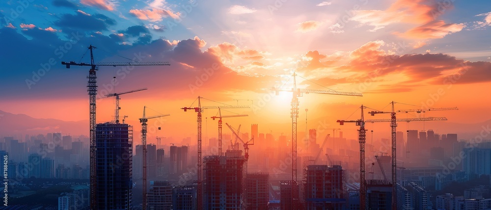 Naklejka premium construction site and sunset , structural steel beam build large residential buildings