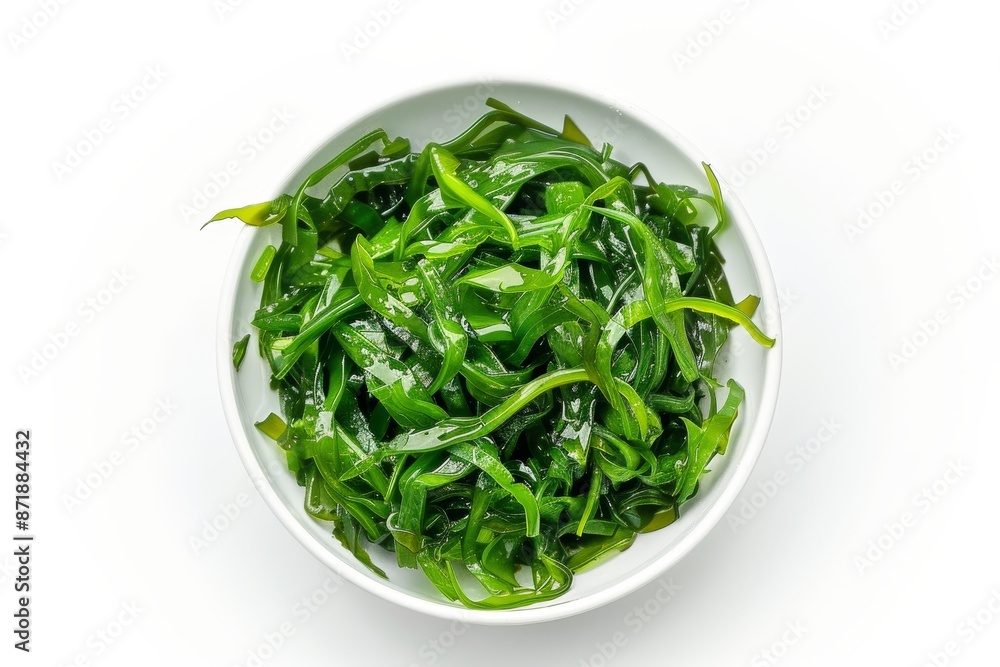 Delicious seaweed salad in white bowl top view Delicious seaweed salad in white bowl top view