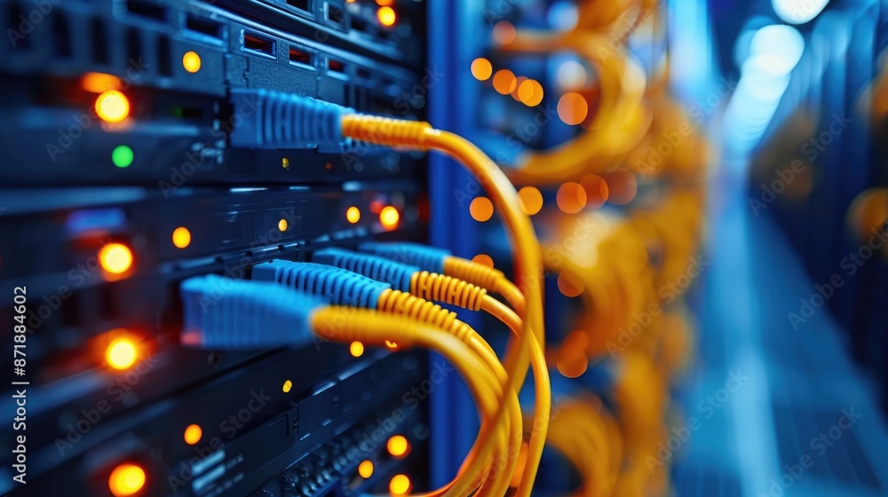 An intricate network of cables connecting routers and switches, illustrating a complex network infrastructure An intricate network of cables connecting routers and switches, illustrating a complex network infrastructure