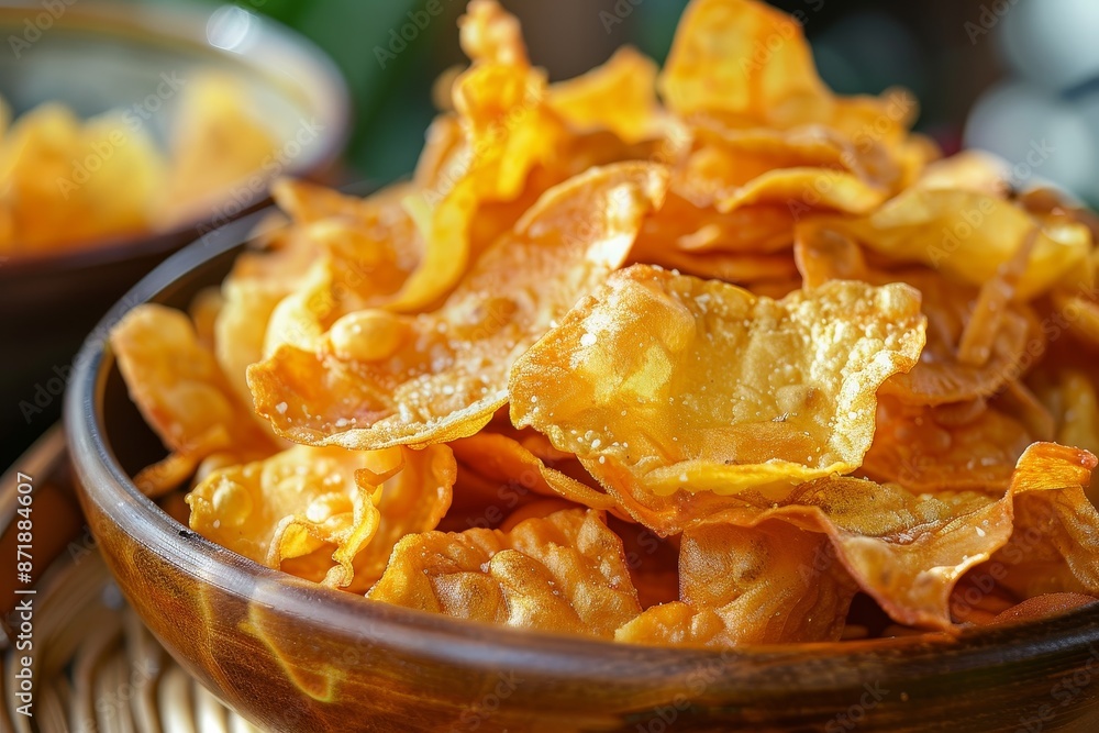 Detailed closeup of fried jackfruit chips in Asian cuisine Detailed closeup of fried jackfruit chips in Asian cuisine