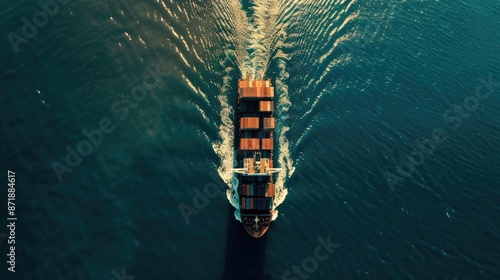 Aerial view of a massive container ship navigating through deep blue ocean waters, top-down perspective, [container ship], [maritime transport]  © MAGNIFIER