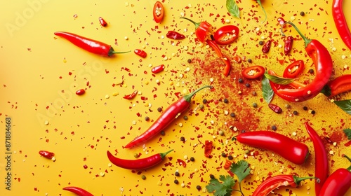 Fototapeta Naklejka Na Ścianę i Meble -  Red chili peppers and spices on a yellow background