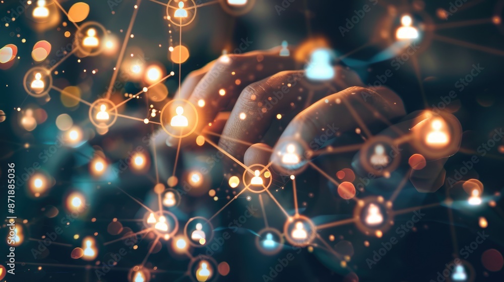 Obraz premium Hand touching digital connection network on dark blue background, technology and business concept.