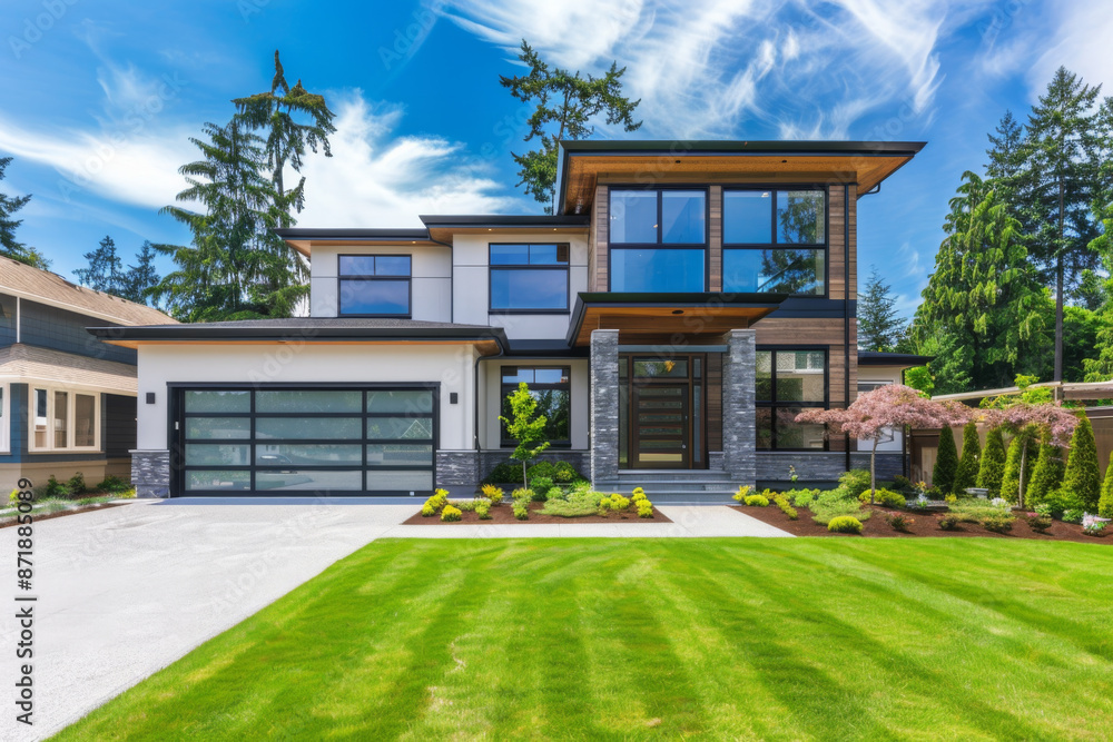 Modern Two-Story Home with Stone Accents and Lush Landscaping Modern Two-Story Home with Stone Accents and Lush Landscaping