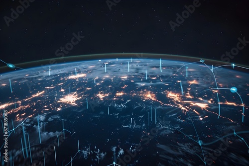 A wide shot of the Earth from space, with glowing city lights on its surface and an array of interconnected data connections forming lines across it. The background is dark to highlight earth's lumino photo