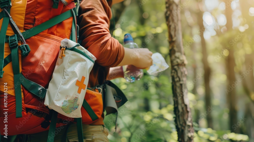 A closeup of a hiker attaching an orange compact mini first aid kit with a white cross to a red backpack, surrounded by lush green forest, ready for a safe outdoor adventure high-resolution A closeup of a hiker attaching an orange compact mini first aid kit with a white cross to a red backpack, surrounded by lush green forest, ready for a safe outdoor adventure high-resolution