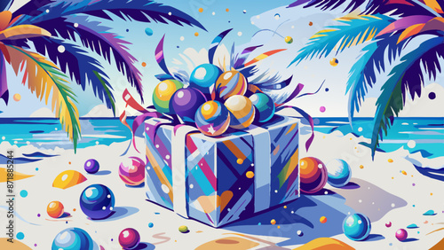 Vibrant Beachside Birthday Celebration with Gift and Balloons
