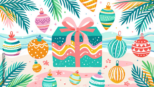 Festive Christmas Background with Gift and Ornaments Illustration