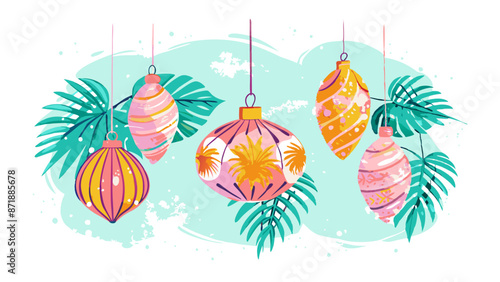 Tropical Christmas Ornaments and Palm Leaves Illustration