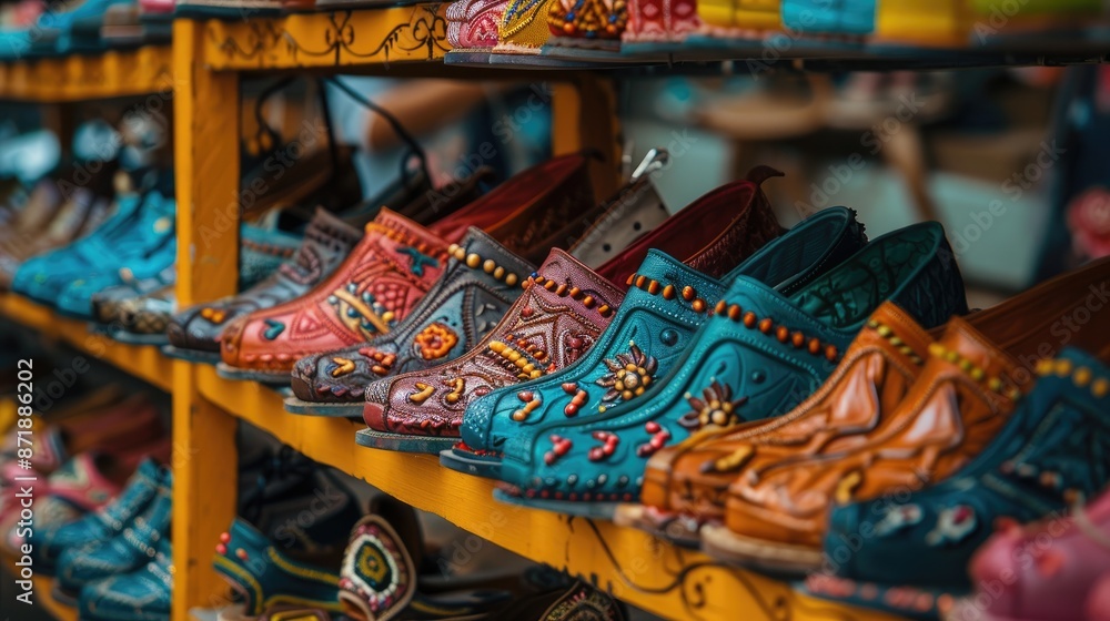 Fototapeta premium Assortment of shoes on the showcase of a shoe store. Diverse Array of Shoes on Display. Footwear Showcase Mix of Fashionable Styles