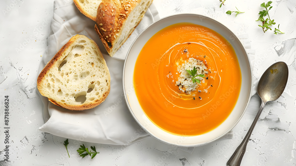 pumpkin soup in a porcelain plate, spoon on the right, piece of bread on the left, pumpkin soup in a porcelain plate, spoon on the right, piece of bread on the left,