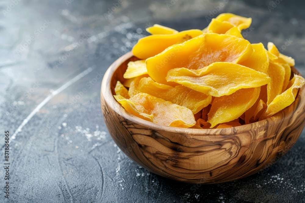 Dried mango in wooden bowl Healthy snack Copy space Dried mango in wooden bowl Healthy snack Copy space