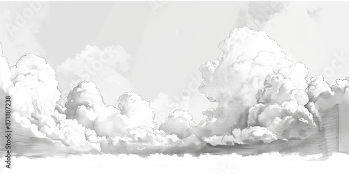 3D Rendering of Rough Black and White Pencil Sketch of Clouds on a White Background - Artistic Cloud Illustration with Detailed Pencil Strokes and Abstract Cloud Formation