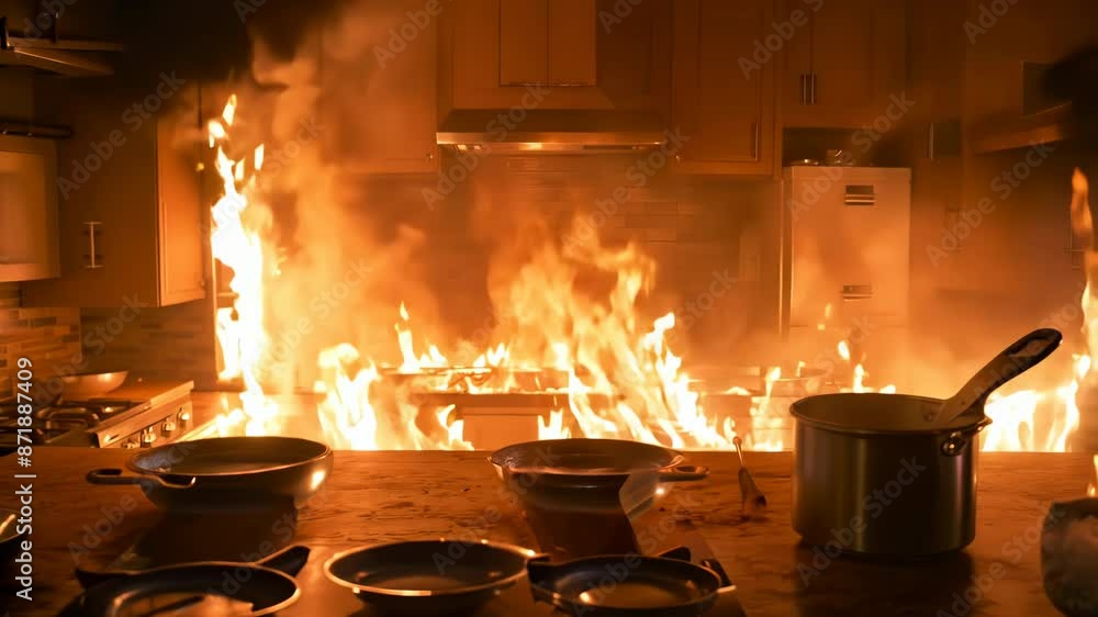 Intense kitchen fire with flames engulfing stove and cabinets Intense kitchen fire with flames engulfing stove and cabinets