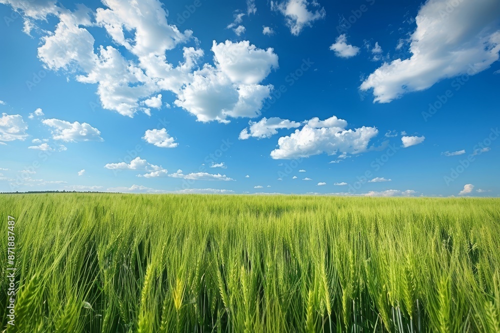 Field of green wheat and blue sky with clouds Field of green wheat and blue sky with clouds
