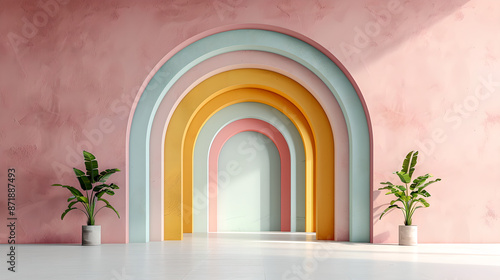 Pastel Rainbow Arch with Plants in Minimalist Interior
