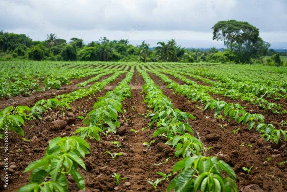 Fields of cassava crops cultivated on agricultural land plots Fields of cassava crops cultivated on agricultural land plots