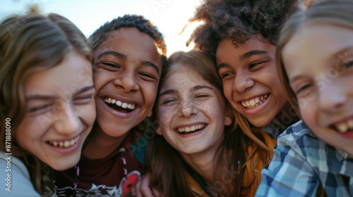 A diverse group of cheerful children are happily smiling and bonding together