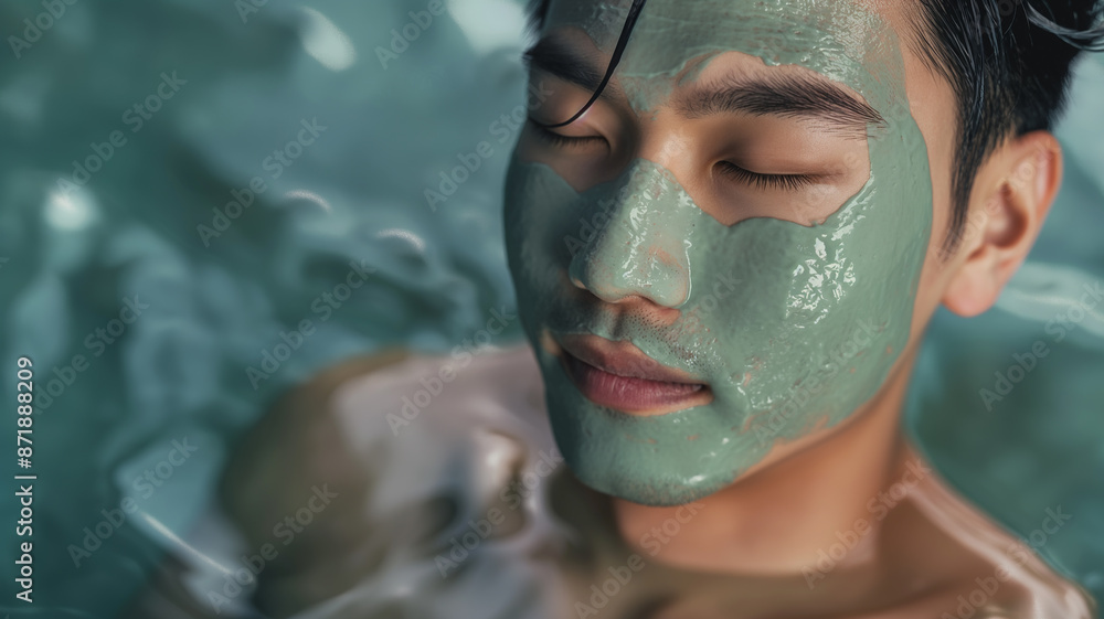 Korean using clay mask while soaking in a bathtub, man self care, man spa Korean using clay mask while soaking in a bathtub, man self care, man spa