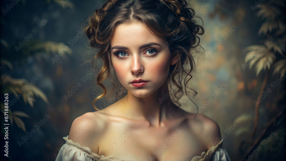 A close-up portrait captures the beautiful of a woman in Victorian style A close-up portrait captures the beautiful of a woman in Victorian style