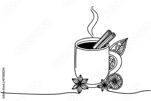 A cup of mulled wine,continuous one line drawing, winter drink,Vector illustration