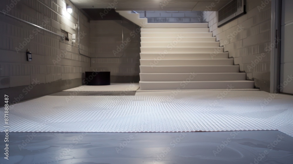 Fototapeta premium Pearly white rubber mats in a minimalist basement, enhancing the clean, modern aesthetic