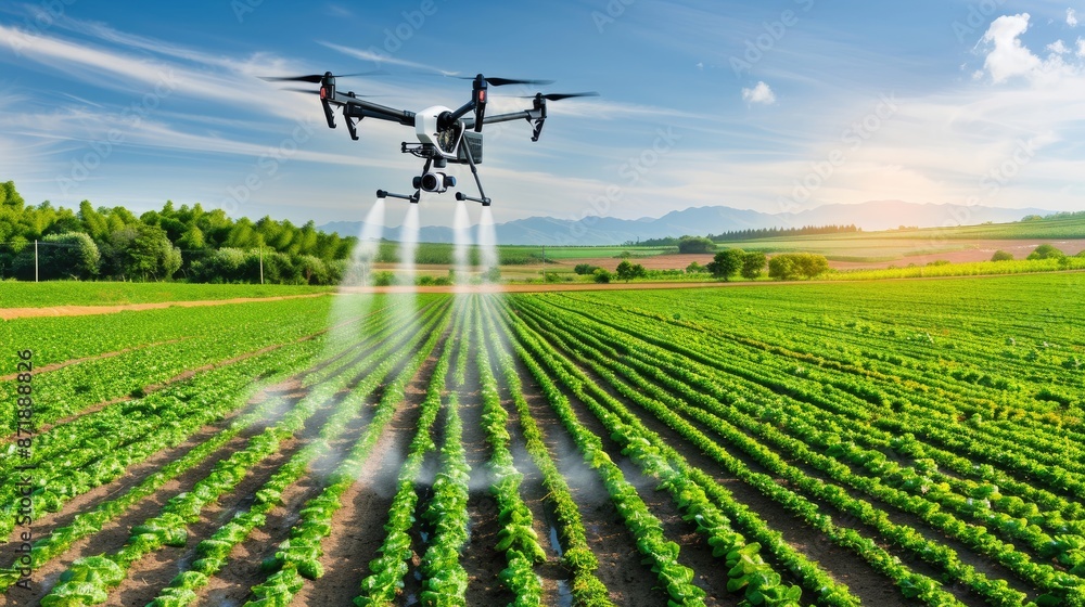 A drone sprays a field of crops at sunset. A drone sprays a field of crops at sunset.