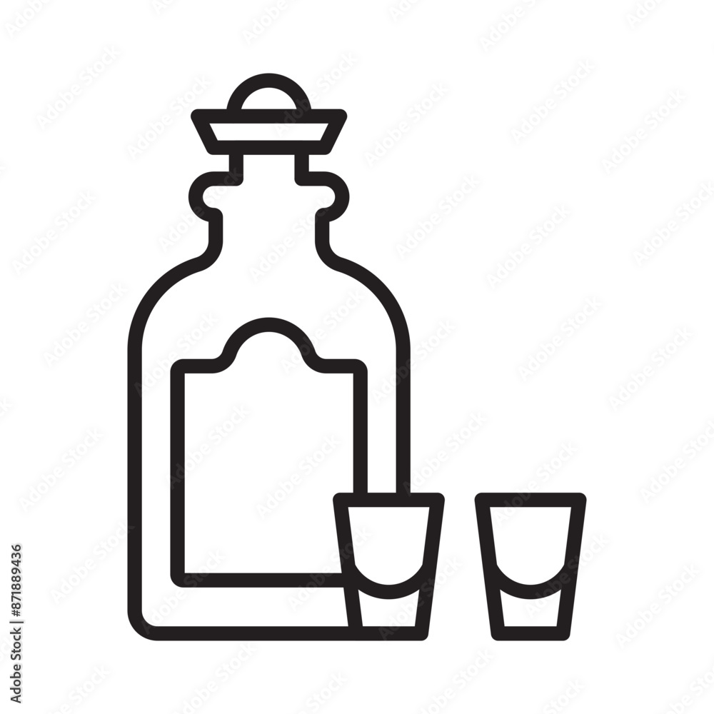 Tequila bottle and glass linear logo mark in black and white Tequila bottle and glass linear logo mark in black and white