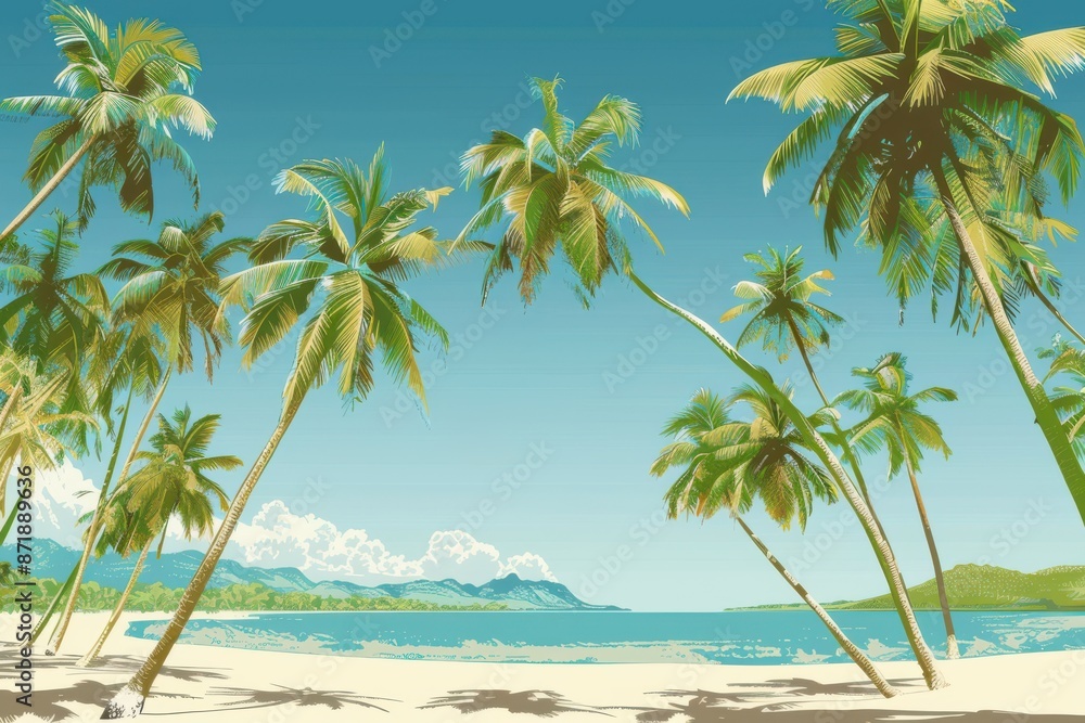 tranquil beach scene with palm trees and mountains in a simple flat design tranquil beach scene with palm trees and mountains in a simple flat design