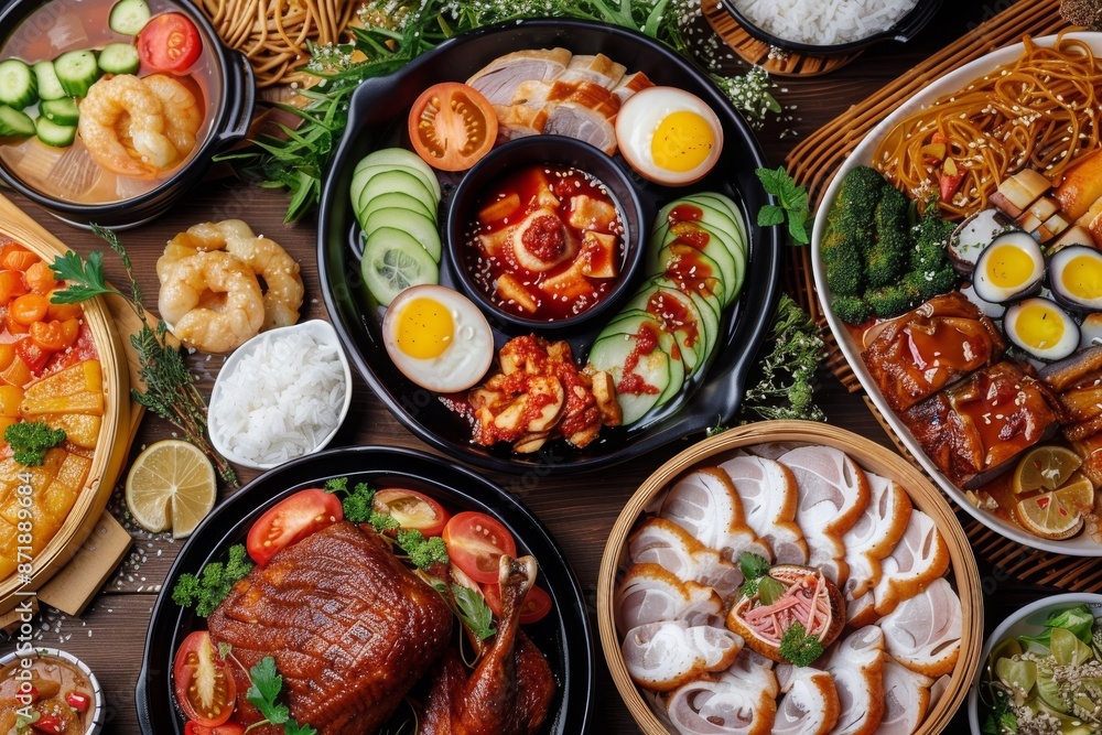 A lavish spread of Korean cuisine featuring various traditional dishes, beautifully arranged to showcase a rich and diverse culinary experience.
A lavish spread of Korean cuisine featuring various traditional dishes, beautifully arranged to showcase a rich and diverse culinary experience.