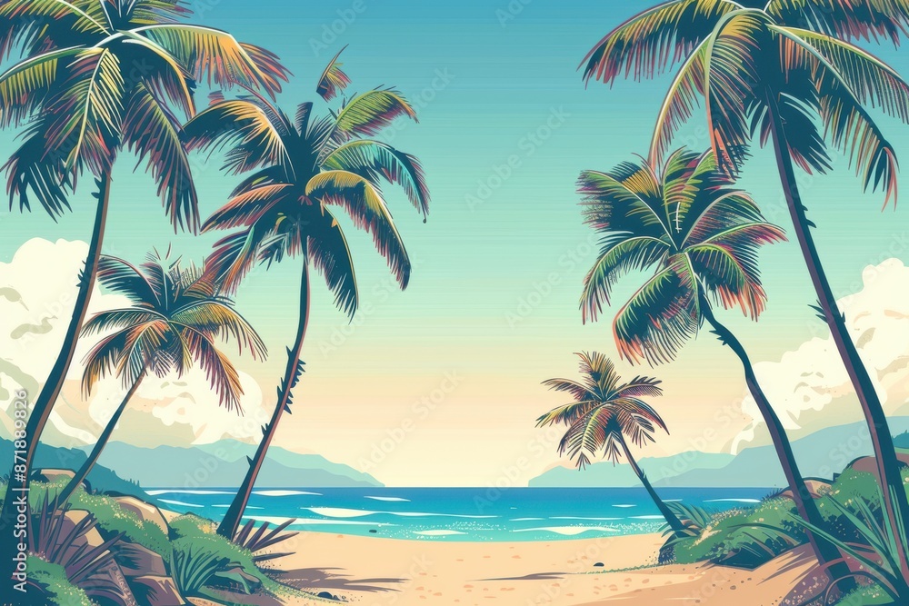 serene beach scene with palm trees and mountains in a simple flat style serene beach scene with palm trees and mountains in a simple flat style