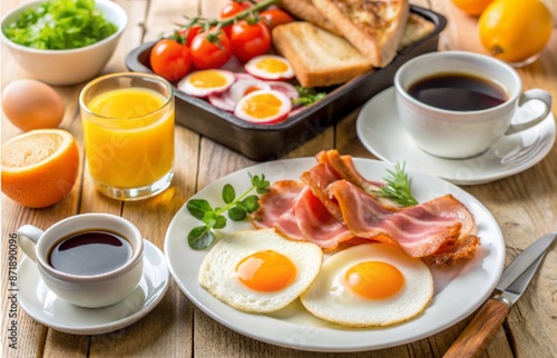 Delicious full english breakfast with fried eggs and bacon being served on wooden table