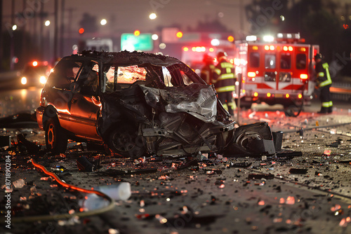 Close-up of car crash on road with scattered wreckag photo