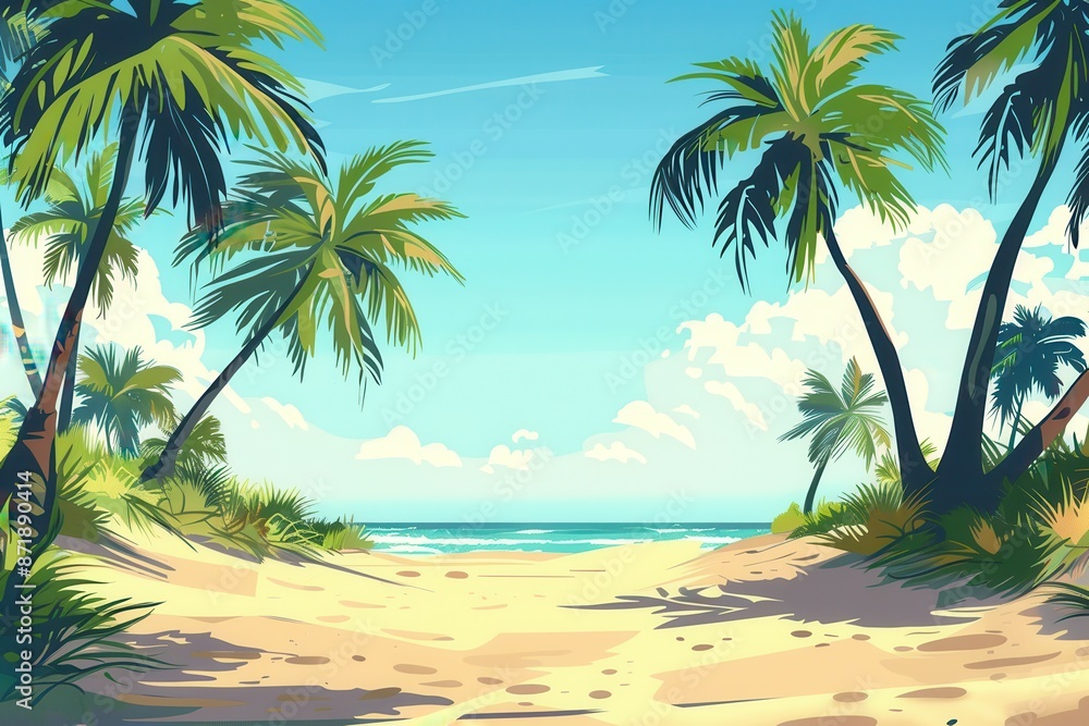 Obraz premium paradise beach illustration featuring sandy shore and palm trees in flat design