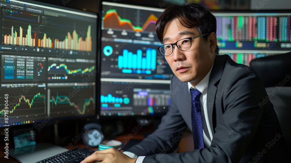A Korean businessman working diligently on a laptop with interactive data dashboards A Korean businessman working diligently on a laptop with interactive data dashboards