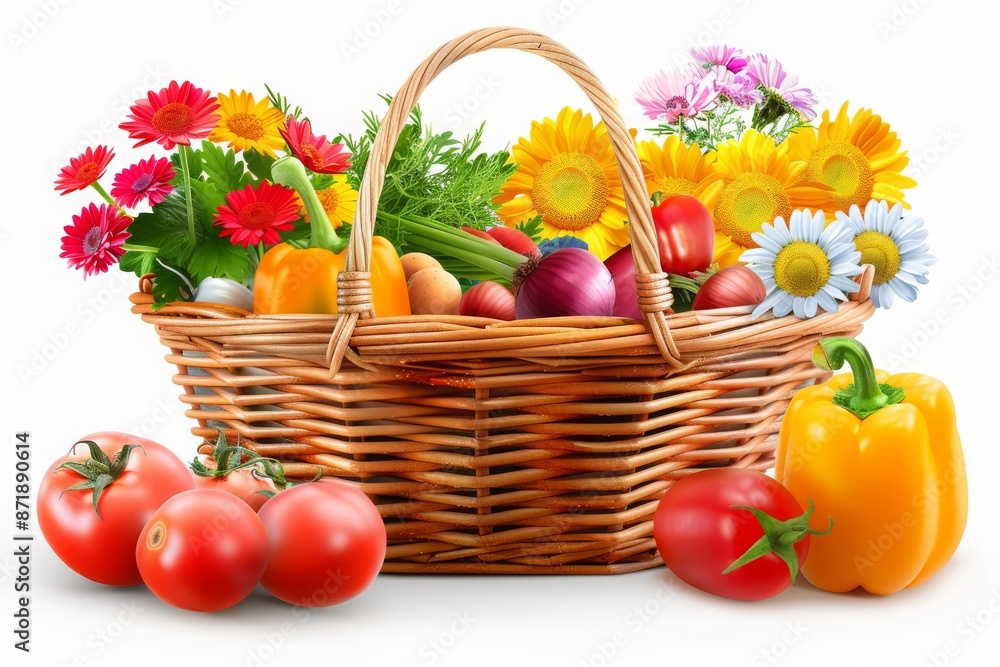 A wicker basket overflowing with fresh fruits and vibrant flowers, symbolizing a bountiful harvest and the beauty of nature's offerings.
A wicker basket overflowing with fresh fruits and vibrant flowers, symbolizing a bountiful harvest and the beauty of nature's offerings.