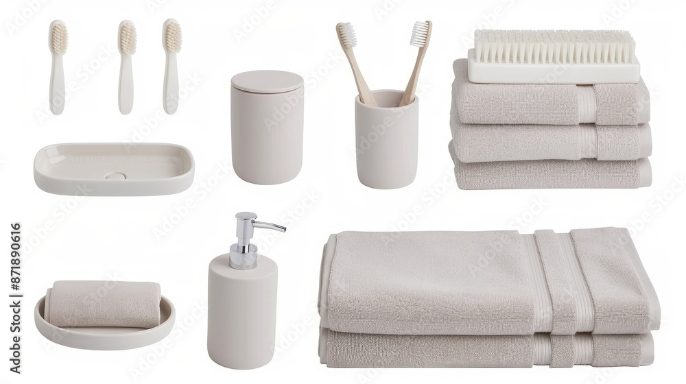 Naklejka premium A set of ceramic bathroom accessories, including soap dispensers, toothbrush holders, and a tumbler