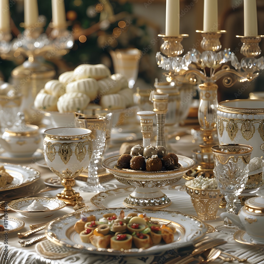 Elegant Table Setting with Gilded Porcelain and Crystal Elegant Table Setting with Gilded Porcelain and Crystal
