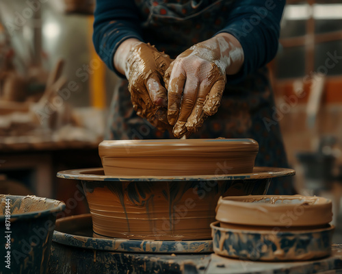 A person working on a pottery wheel in a studio photo